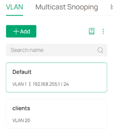 VLAN list showing Default and VLAN 20.