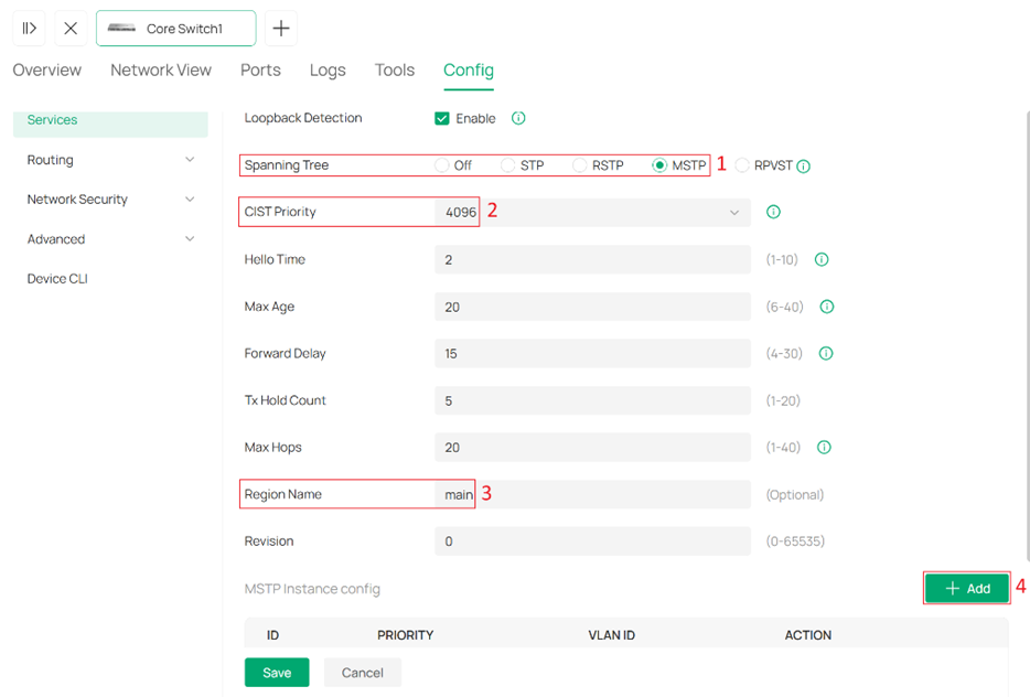 MSTP configuration interface.