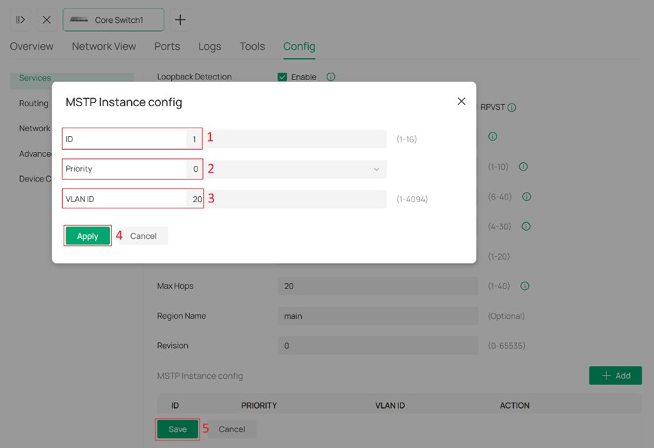MSTP Instance configuration screen.