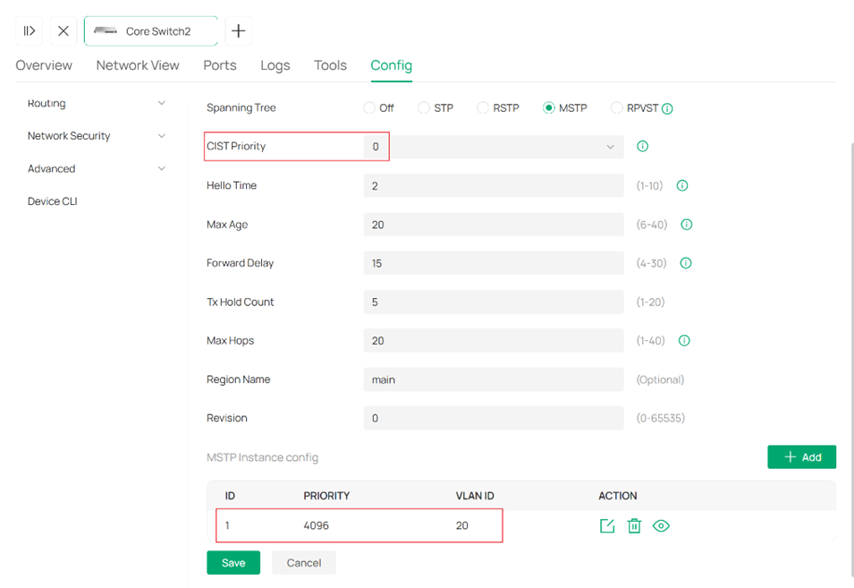 MSTP Instance settings on another switch.