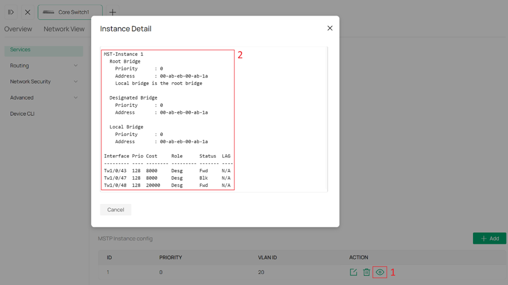 Viewing MSTP Instance 1 status.