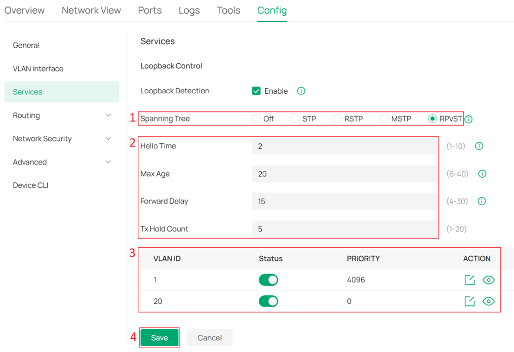 RPVST configuration page.