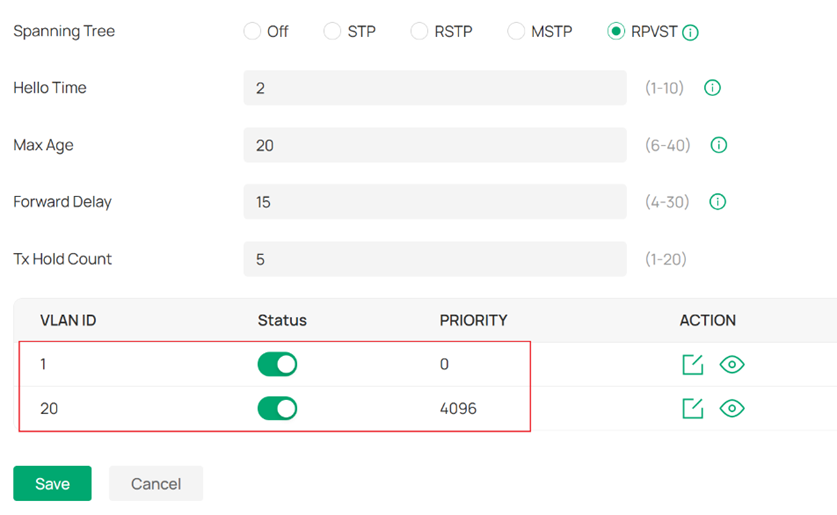 RPVST settings on another switch.