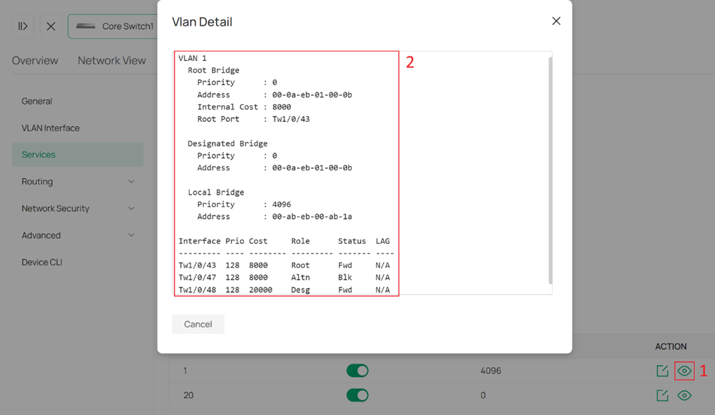 Viewing RPVST status for VLAN 1.