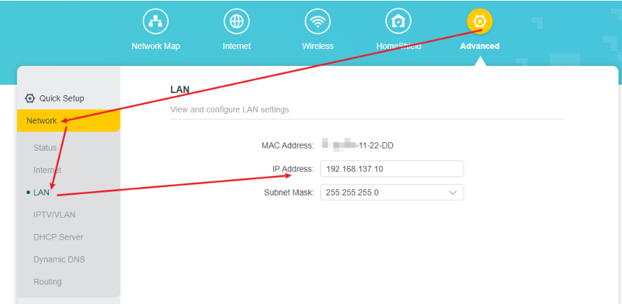 The path on the TP-Link router’s interface for changing the LAN IP Address.