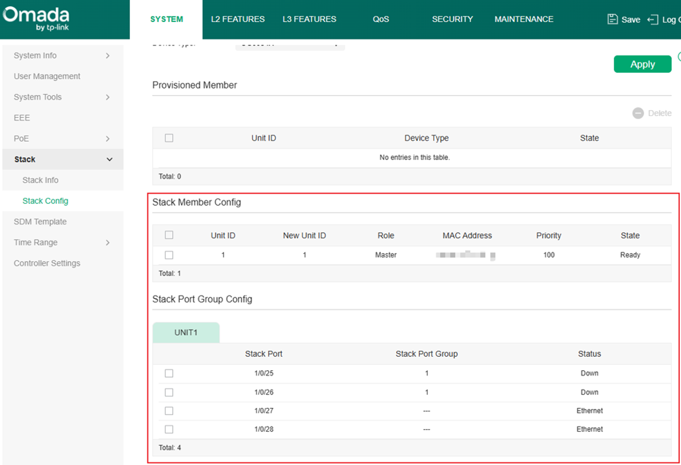 Show the stack config page of Unit 1.