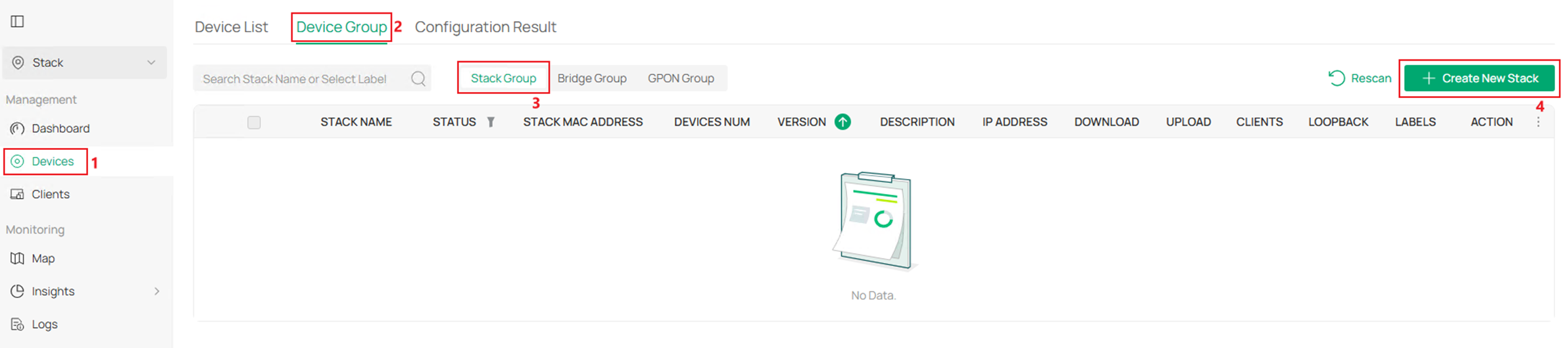 Show the stack group page on controller.