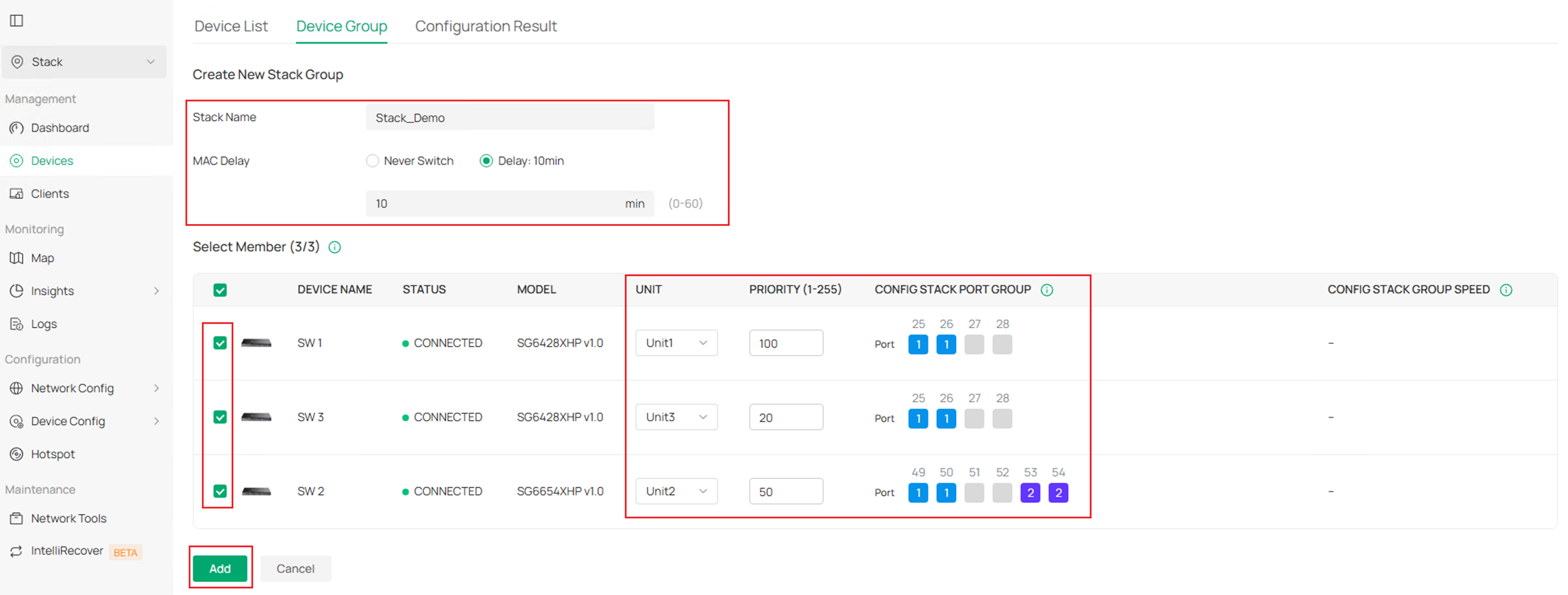 Show the stack group configuration page.