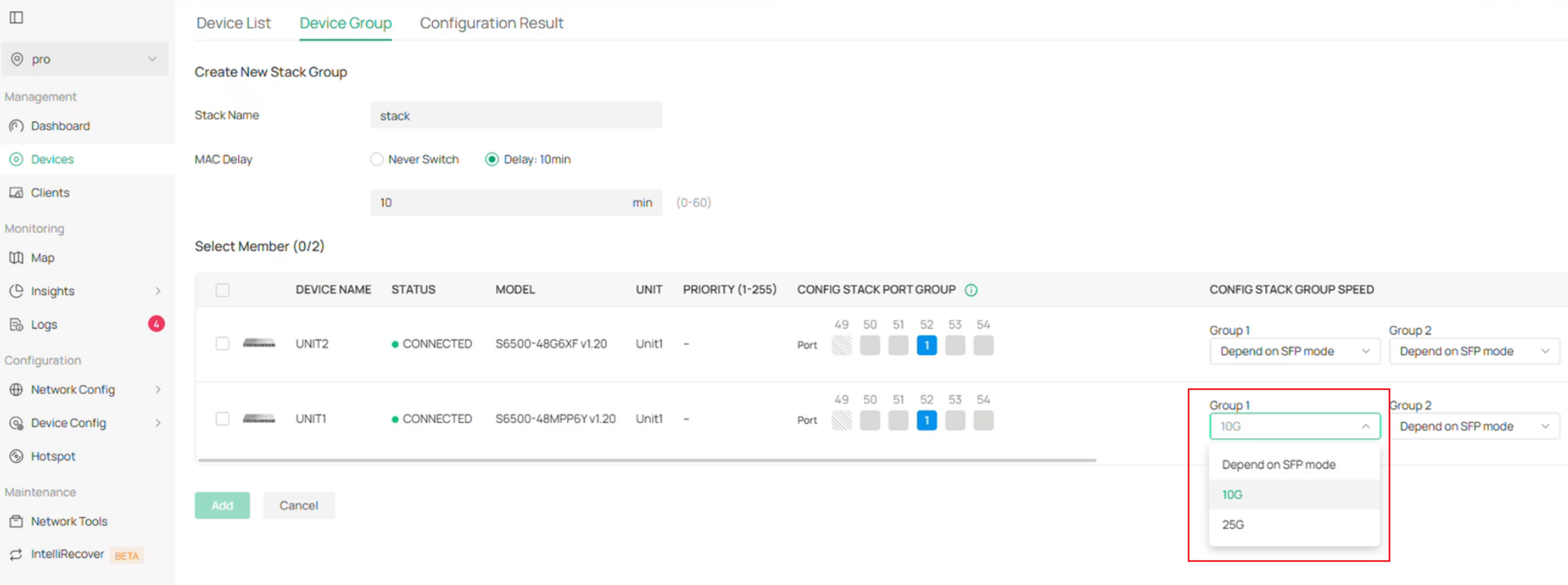 Show the stack group configuration page.
