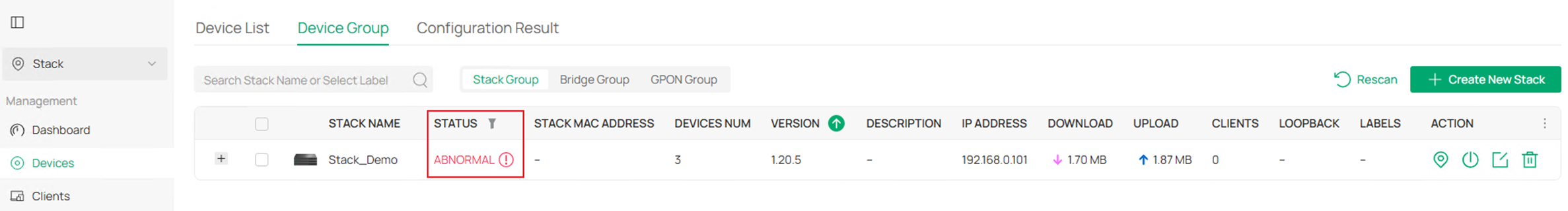 Show the stack group status page.