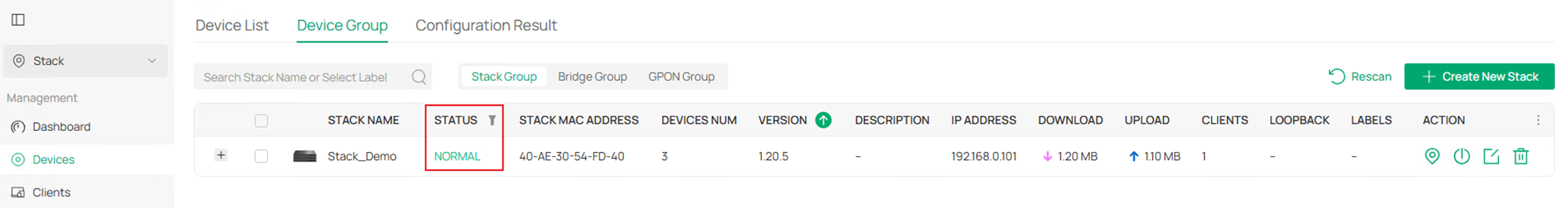 Show the stack group status page.