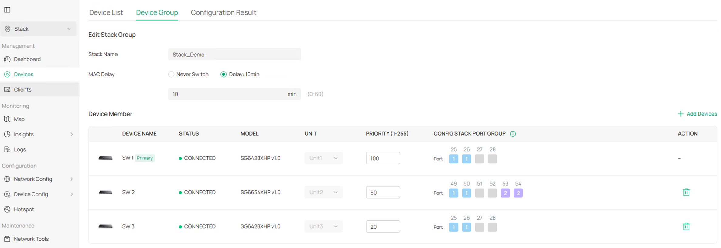 Show the stacking group detail on controller.