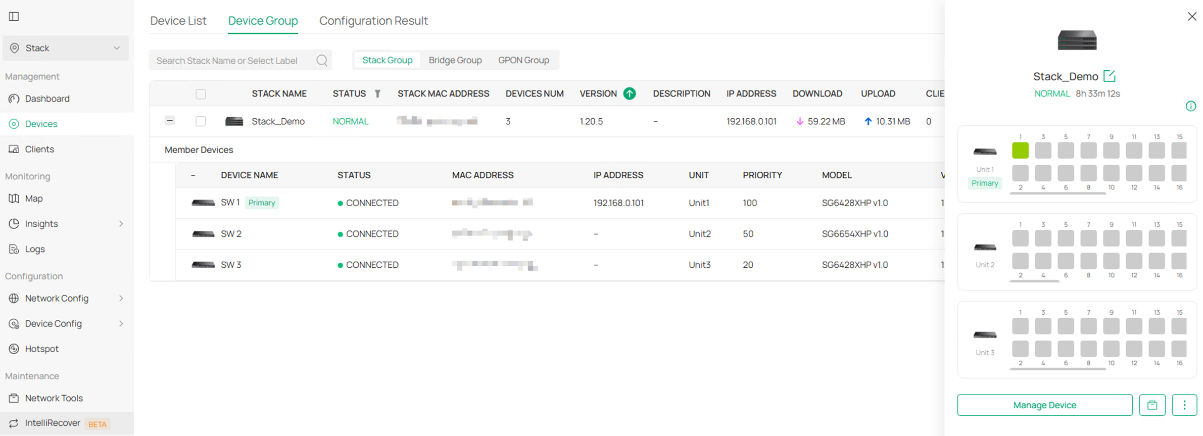 Show the stacking group configuration page on controller.