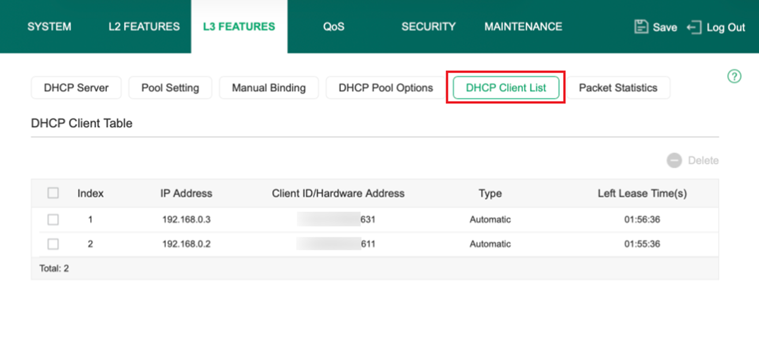 Showing a DHCP Client List of Omada Switch.