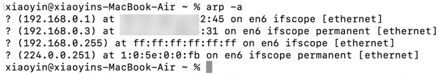 Show an ARP address table, which contains several mappings between IP and MAC address.