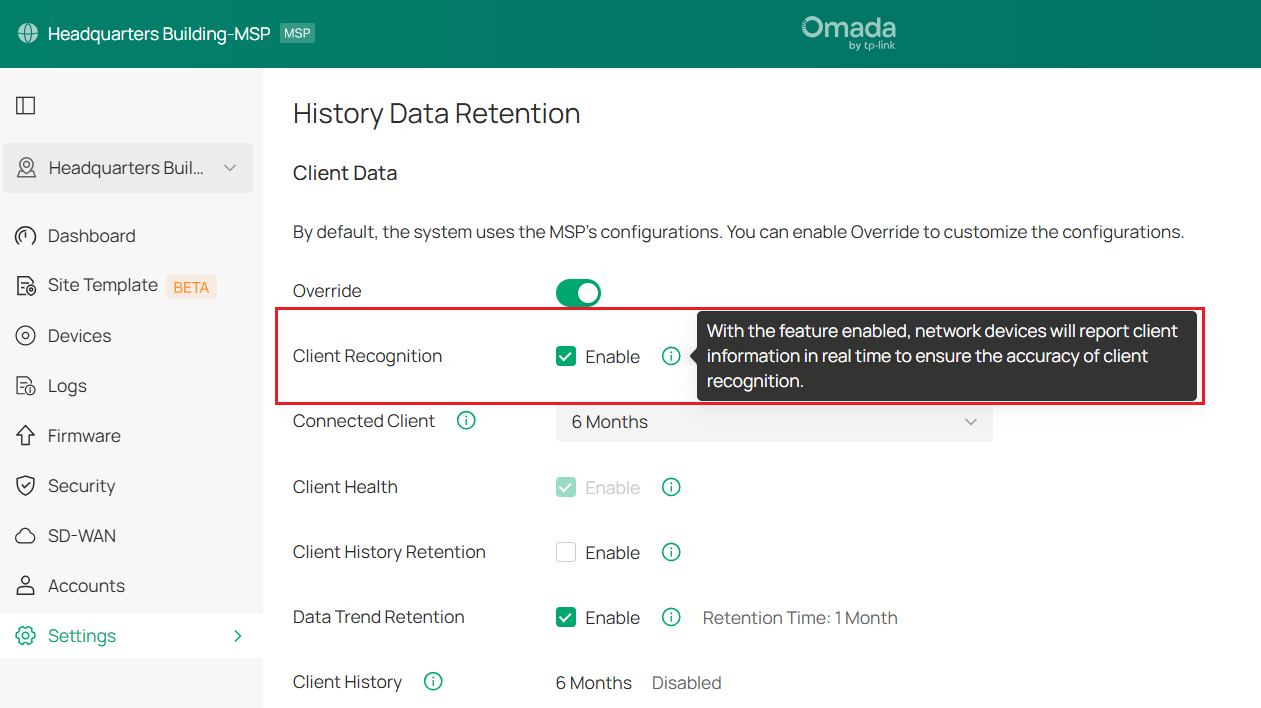 Show enable client recognition page.
