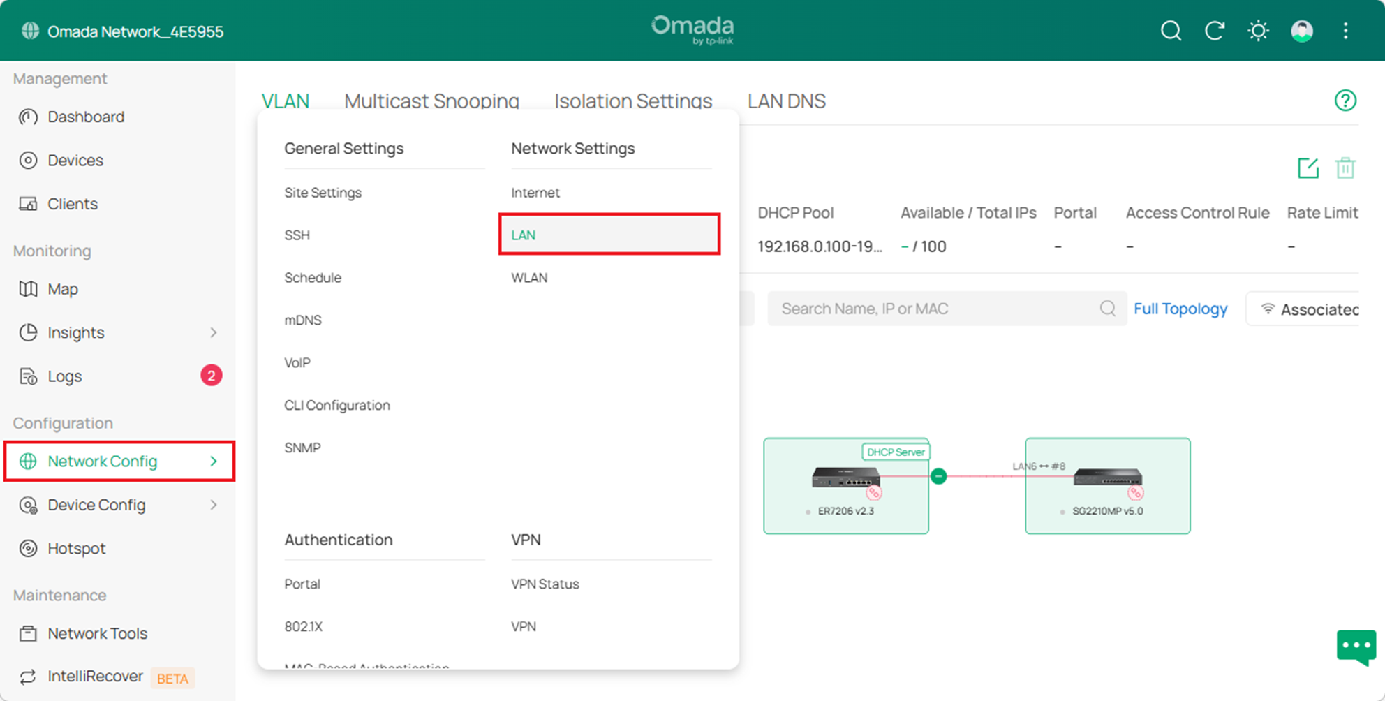 A screenshot showing the path to LAN configuration.
