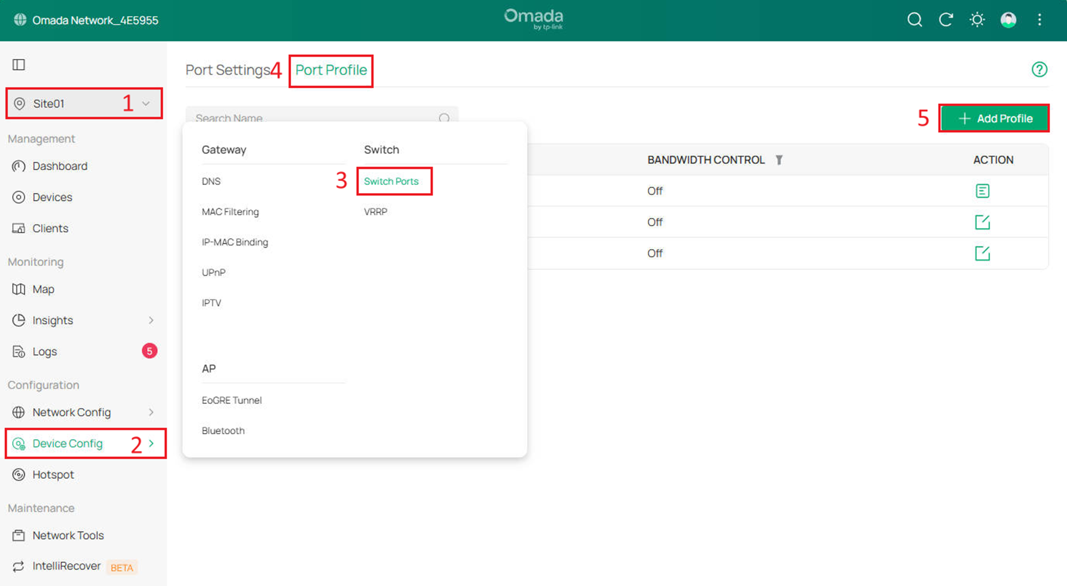 Show the path to Add Switch Port Profile.