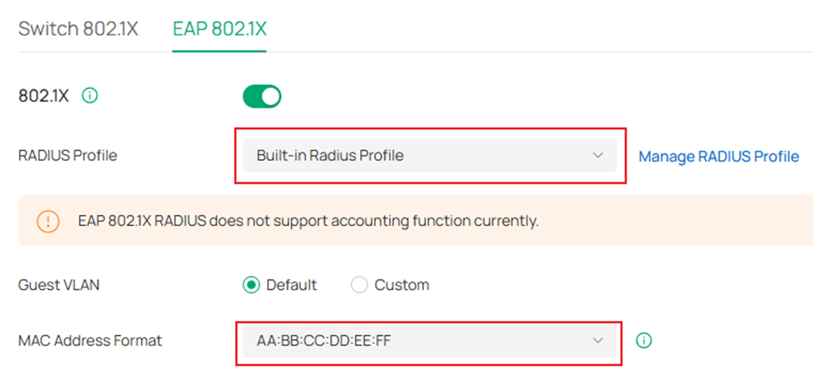 Configure the RADIUS profile and MAC address format in the EAP 802.1X interface.