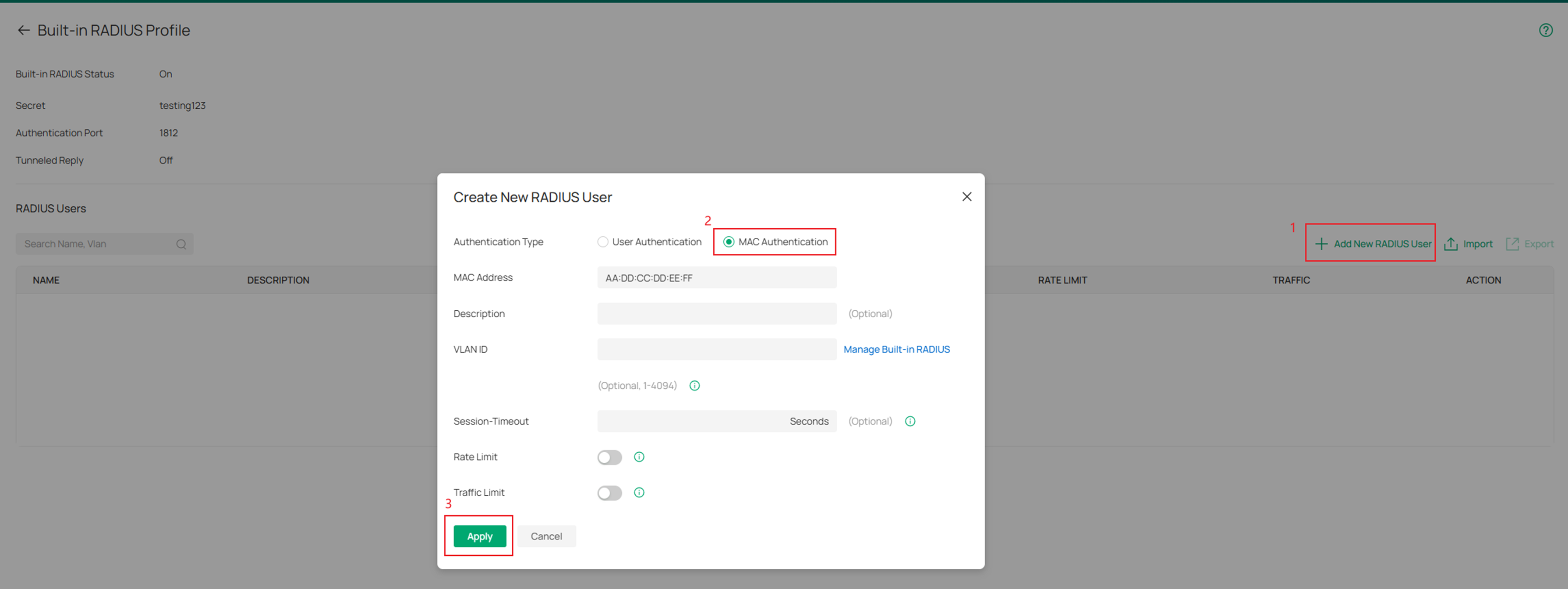 Configure MAC authentication in the Built-in RADIUS Profile interface.