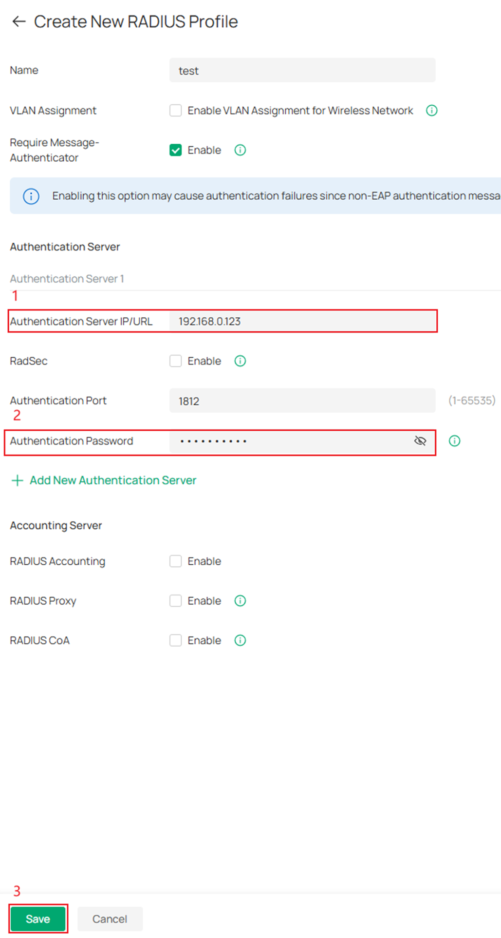 Configure server IP and password in the new RADIUS Profile.