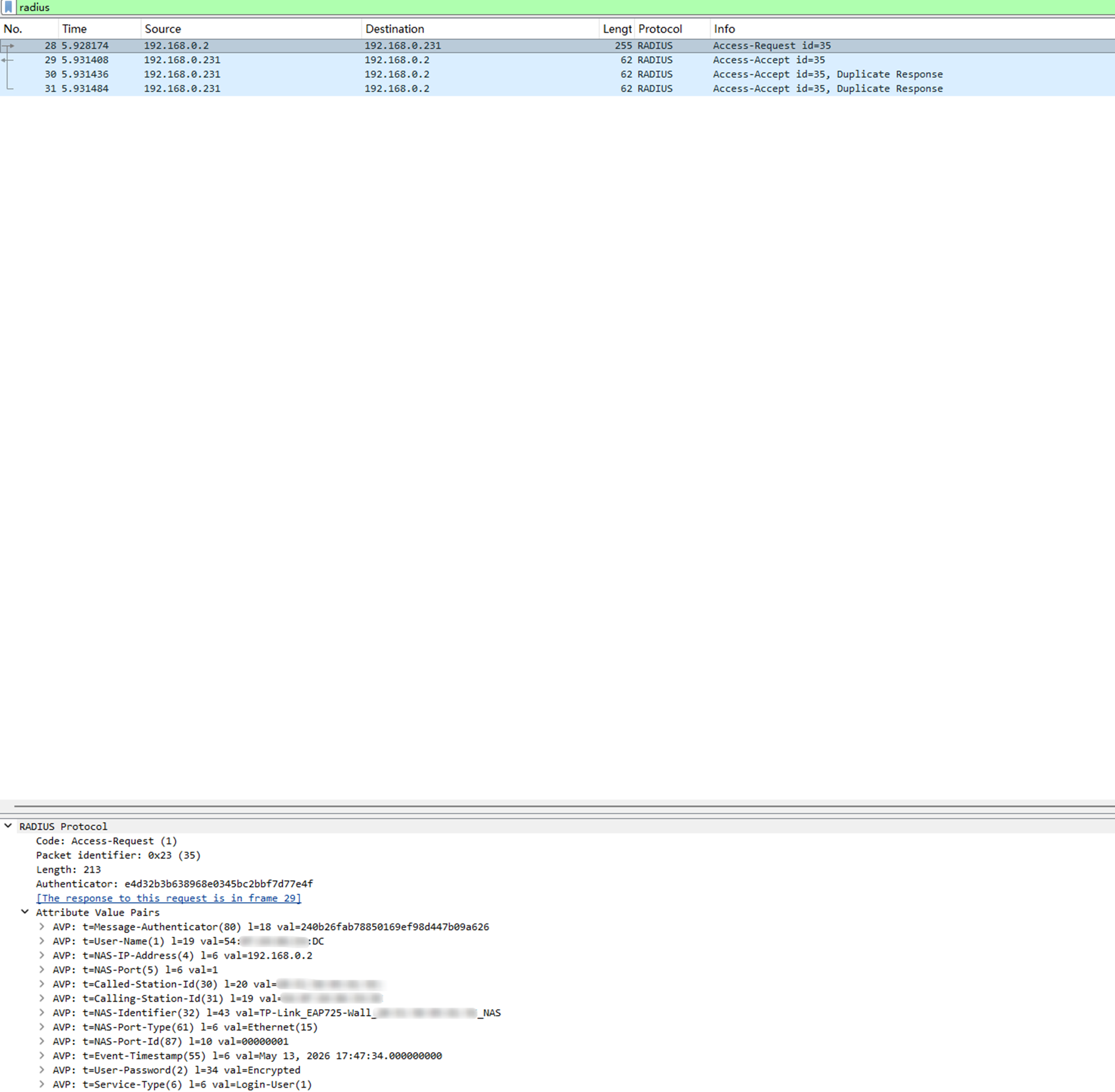 Packets exchanged when 802.1X authentication fails.