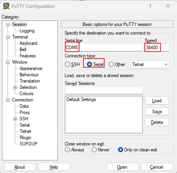 Fill in the parameters for PuTTY.