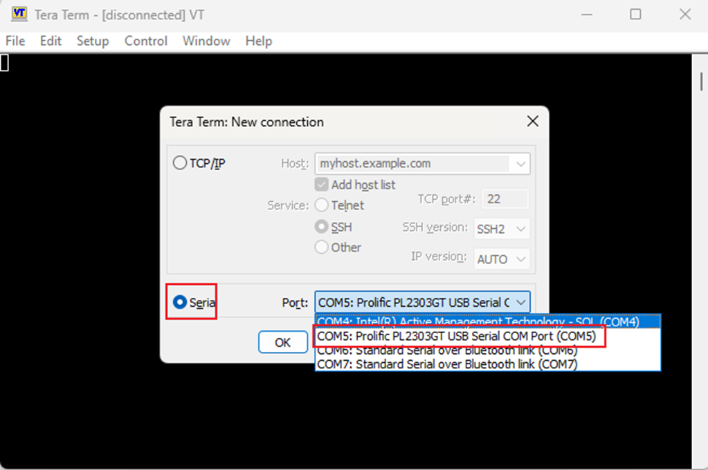 Select Serial and choose the correct COM port upon starting the application.