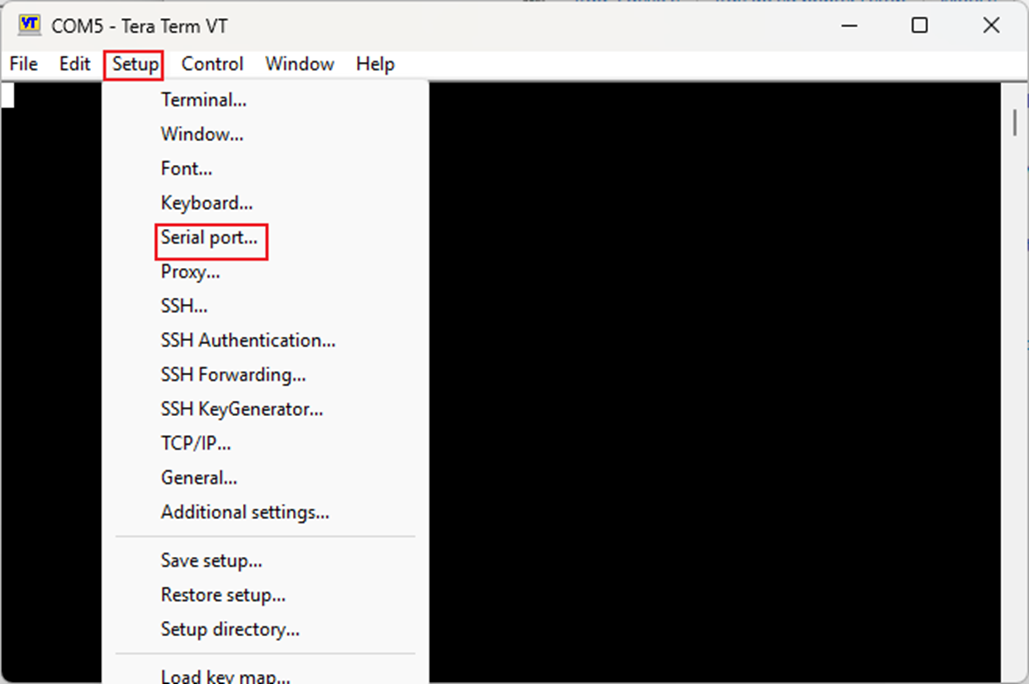 Navigate to Setup and Serial Port.