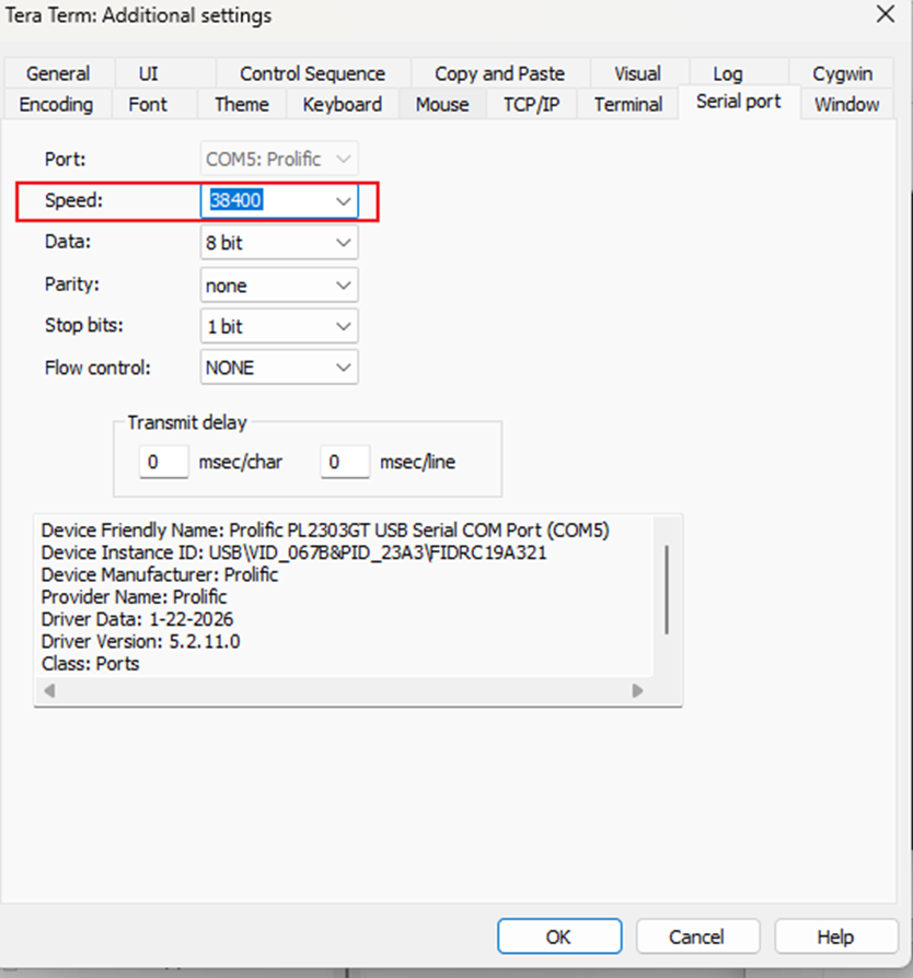 Change the speed to 38400.