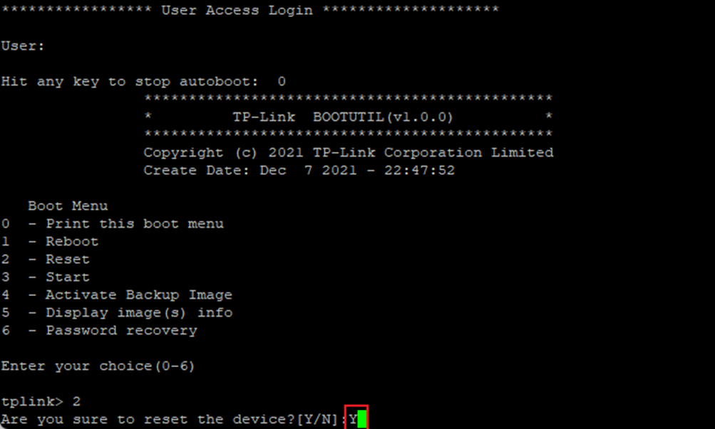 Type in Y to confirm the reset.