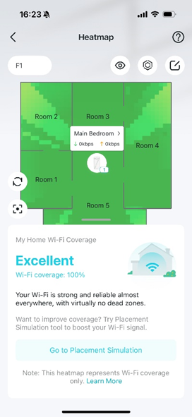 The Heatmap page displaying a floor plan with a green heatmap indicating "Excellent" Wi-Fi coverage at 100%, with labels for different rooms like "Main Bedroom," "Room 1," and "Room 2."