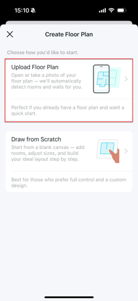 The Create Floor Plan page which offers two options for a user to begin, and "Upload Floor Plan" is selected.