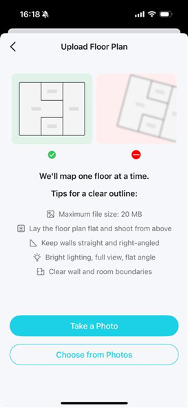 A page which offers tips and requirements for uploading a floor plan with a clear outline. Below the tips are two prominent buttons: "Take a Photo" and "Choose from Photos".