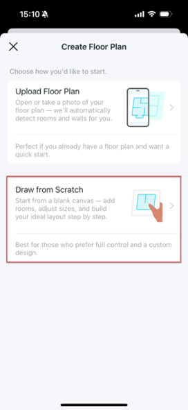 The Create Floor Plan page which offers two options for a user to begin, and "Draw from Scratch" is selected.