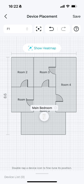 The Device Placement page displaying a floor plan with a device icon within the Main Bedroom area.