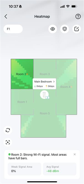 A heatmap page displaying the Wi-Fi status of the selected rooms.