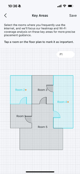 The Key Areas page displays two rooms highlighted in blue, indicating that they are key areas.