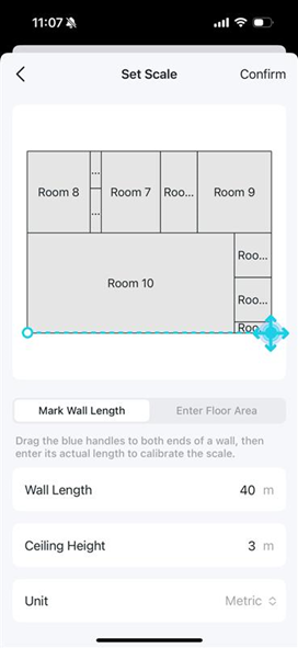 The Scale setting page for a floor plan, where you need to set the wall length, ceiling height and unit.