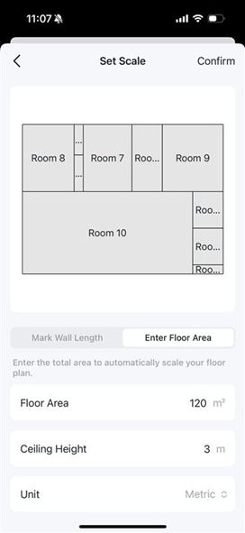 The Scale setting page for a floor plan, where you need to set the floor area, ceiling height and unit.