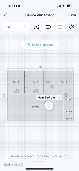 The Device Placement page displays a floor plan with a device icon within the Romm 10 area.