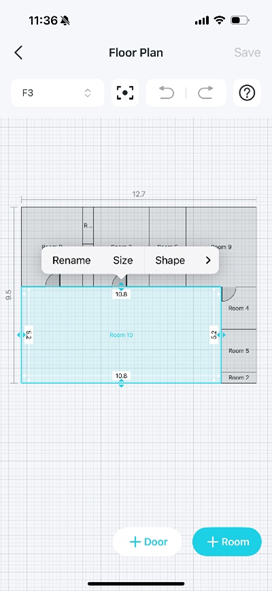 A floor plan editing page displays a selected room with a pop-up menu with 'Rename', 'Size', and 'Shape' options.