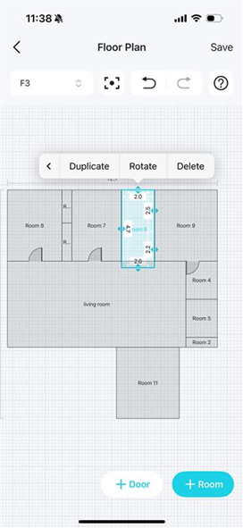 A floor plan editing page displays a selected room with a pop-up menu with 'Duplicate', 'Rotate', and 'Delete' options.