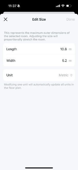 Room size editing page, containing input fields for length, width, and units.