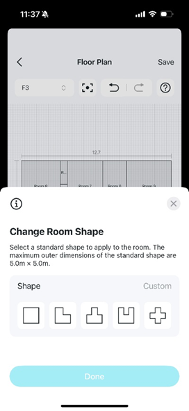Room shape editing page, offering multiple standard shapes for the room.