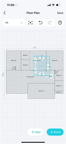 A floor plan editing page displays a room that has been duplicated.