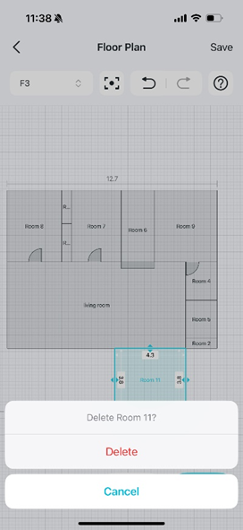 A floor plan editing page displays a selected room with a pop-up window asking 'Delete Room 11?'.
