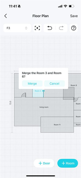 A floor plan editing page with a confirmation dialog box asking to 'Merge the Room 3 and Room 6?'.