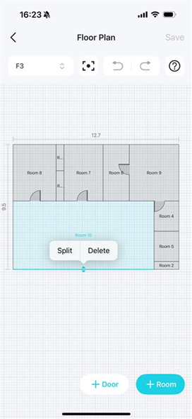 A floor plan editing page displays a selected room with a pop-up menu with 'Split' and 'Delete' options.