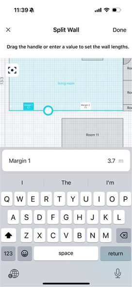 The Split Wall page to set wall lengths by dragging a handle or entering a value.